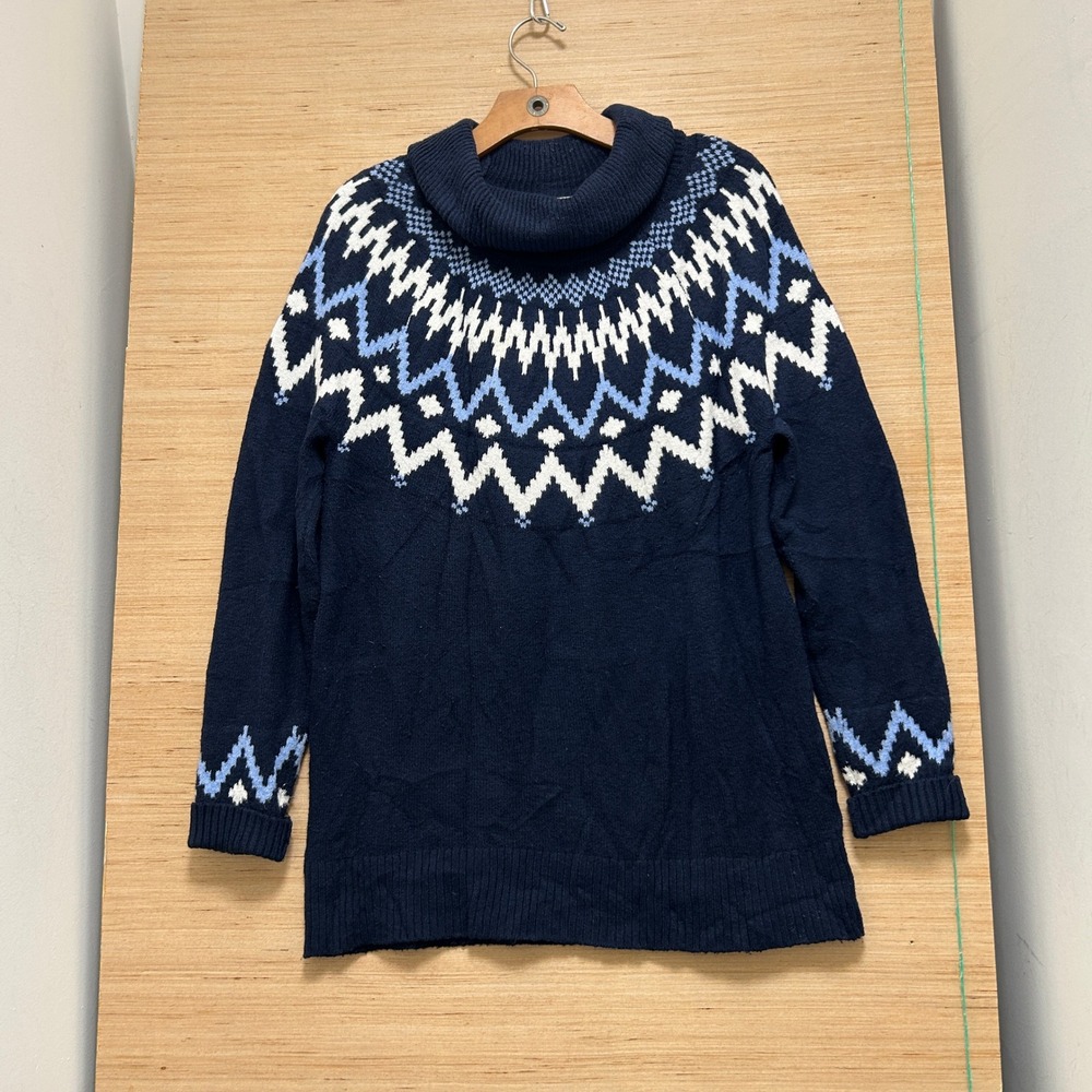 Loft Navy Blue Fair Isle Cowl Neck Sweater Womens Medium Geometric Knit
